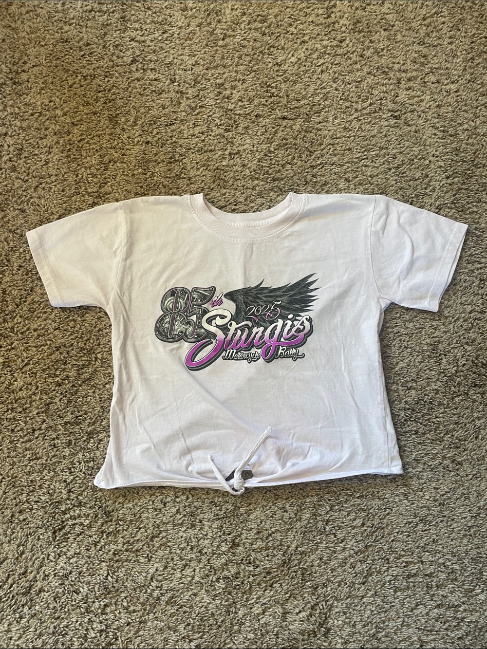 Purple Tie-Front Crop Top with Pink & Black Sturgis 85th Graphic